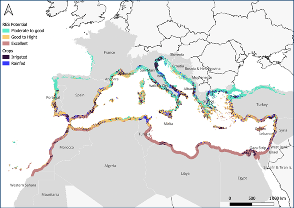 Map of the Mediterranean coast showing renewable energy potential and irrigated or rainfed crop areas